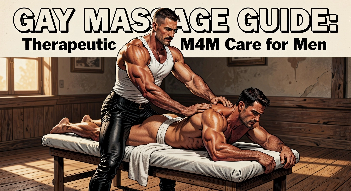 Professional header image for educational tutorial: Gay Massage Guide: Therapeutic M4M Care for Men