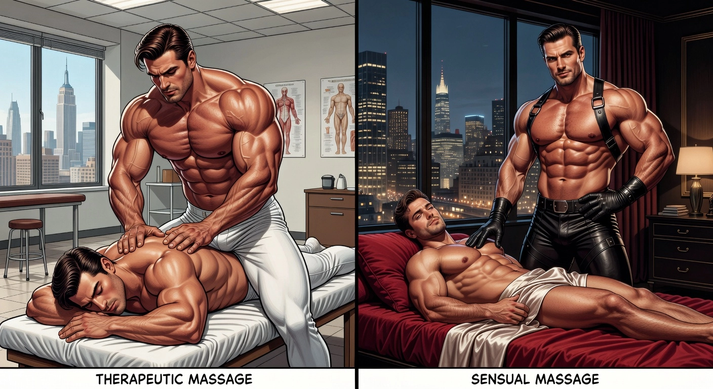 Professional header image for comparison analysis: Therapeutic vs Sensual Gay Massage in New York City
