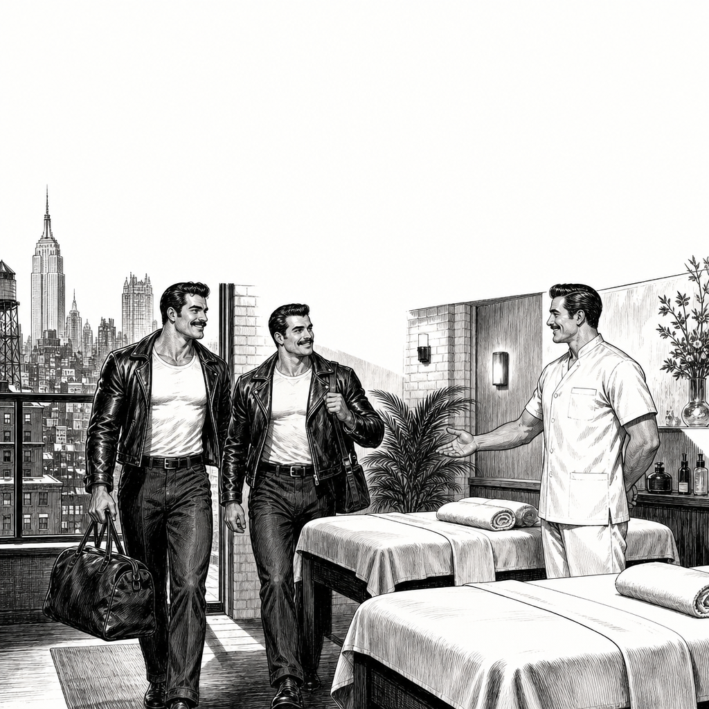 Two men arriving together for a couples massage appointment in Manhattan